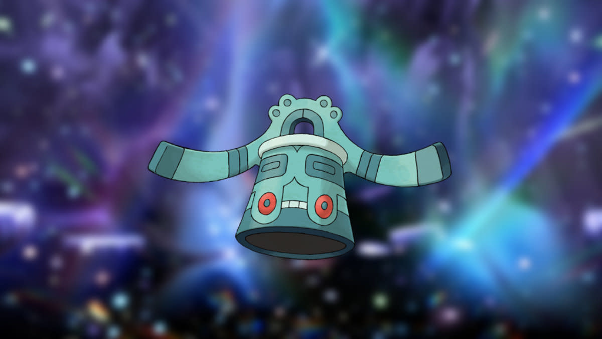 A picture of Bronzong from Pokemon against a Tera raid background